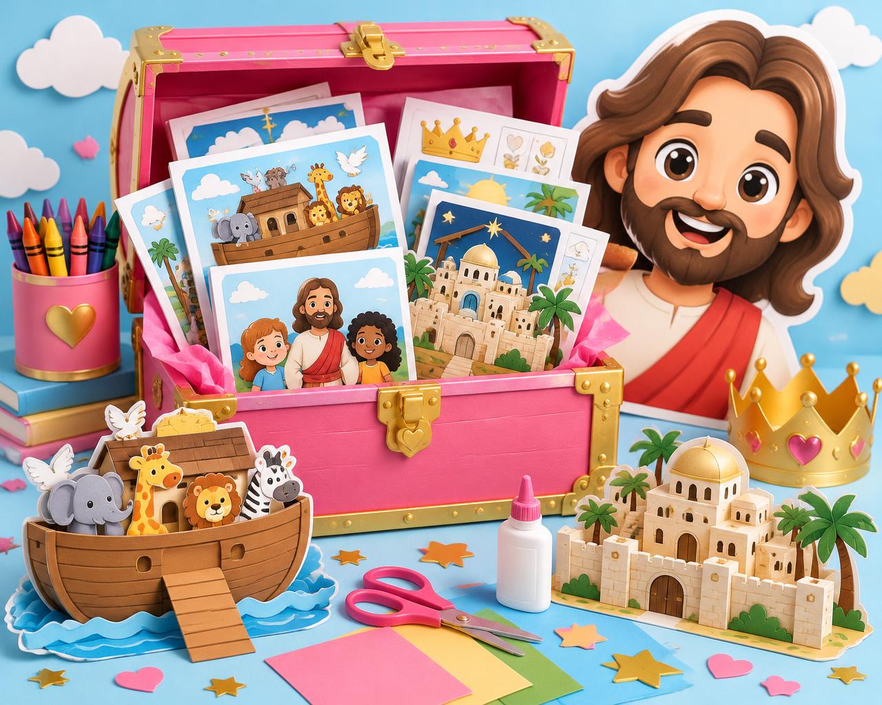 Baú rosa com apostilas, maquetes bíblicas montadas e o molde da cabeça grande de Jesus